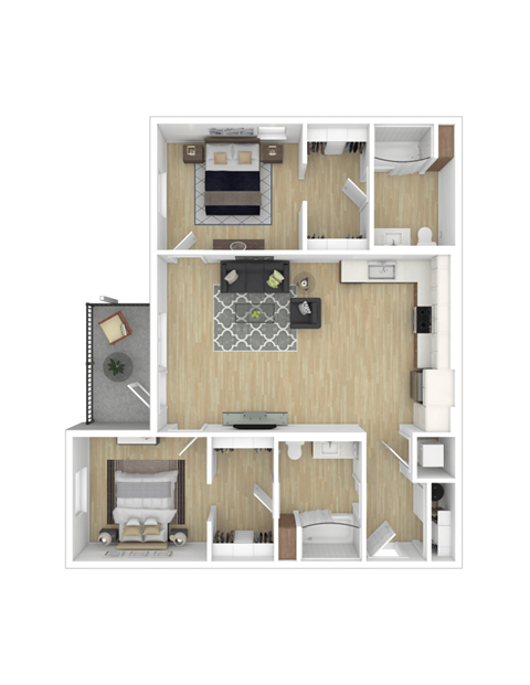 Floor plan for 2 beds, 2 baths, 1052 sqft